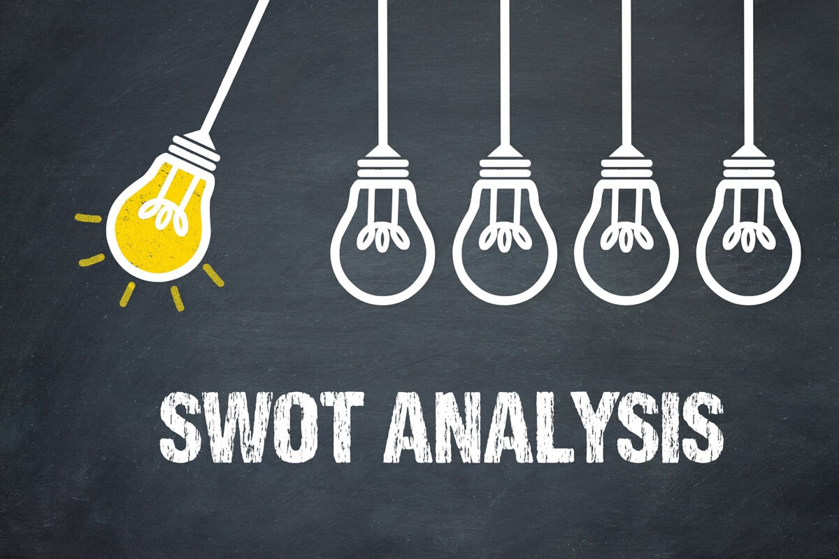 Illustration af SWOT-analyse med en lyspære og tekst på en tavle.